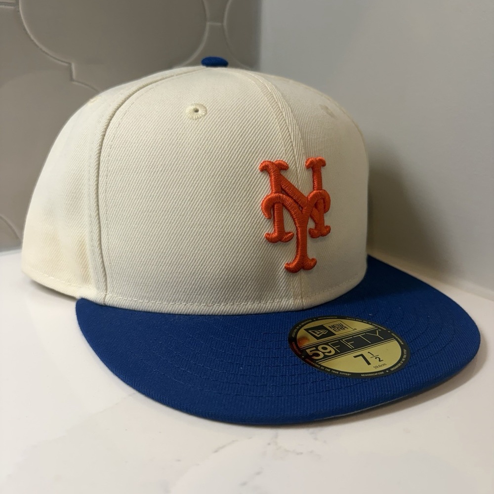 New Era New York Mets 59FIFTY Two Tone Chrome Blue Fitted Hat Cap Size 7 1/2
